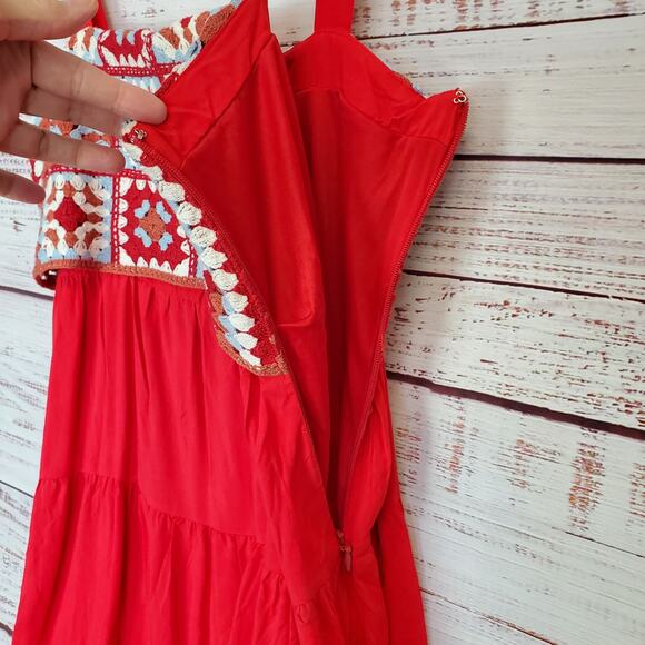 New York & Company L Cottage Ruffle Tier Dress Red Multi Crochet Top Flare Skirt - Picture 8 of 16